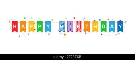 Happy birthday inscription on multi-colored flags hanging on a string with confetti with stars and ribbons isolated on white background. Vector EPS 10 Stock Vector