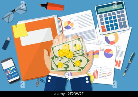 hands with money and folder financial reports Stock Vector