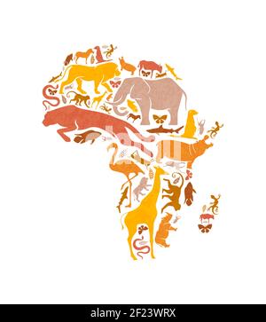 Diverse african animal shapes making africa continent map shape on isolated white background. Safari animals silhouette illustration for wild life con Stock Vector