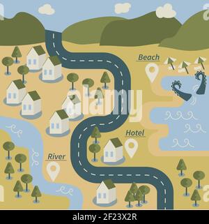 Cartoon vector map in flat style drawn with landmarks, mountains, road, sea, river, forest and houses Stock Vector