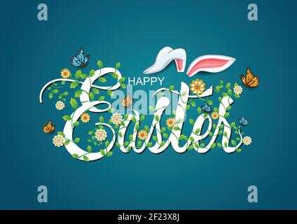 happy Easter greetings. Easter letter decorate with leaf and flowers. vector illustration design Stock Vector