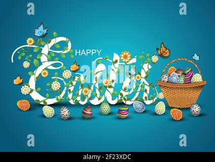 happy Easter greetings. Easter letter decorate with leaf and flowers. vector illustration design Stock Vector