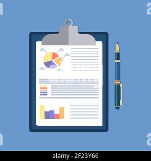 clipboard with financial reports and pen. Stock Vector
