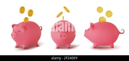Set 3d realistic moneybox in the form of a pig and coins falling, isolated on white background, vector Stock Vector