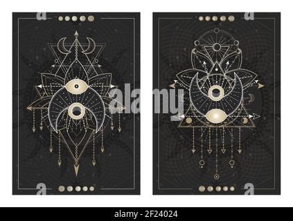 Vector dark illustrations with sacred geometry symbols, grunge textures and frames. Images in black, white and gold. Stock Vector
