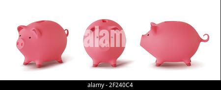 Set 3d realistic moneybox in the form of pig isolated on white background, vector Stock Vector
