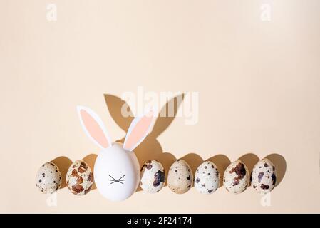 Row of quail eggs with one egg in the form of an easter bunny on a beige background in the sunlight, easter background, top view, copy space, close up Stock Photo