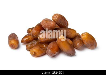 Heap of fresh dried dates close up isolated on white background Stock Photo