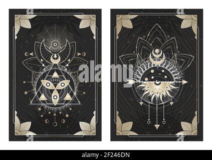 Vector dark illustrations with sacred geometry symbols, grunge textures and frames. Images in black, white and gold. Stock Vector