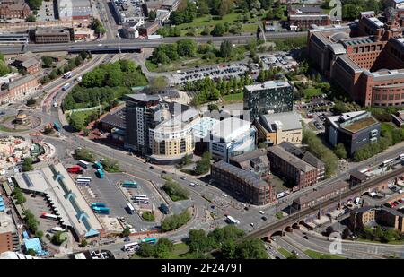 aerial view of the area of Quarry Hill, Leeds around St Peters Square incl Playhouse, Skyline Apartments, BBC, Aagrah, Northern Ballet,  Conservatoire Stock Photo