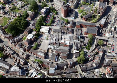 aerial view (from the east) of the St Petersgate / High Street / High Bank Side area of Stockport town centre, Greater Manchester Stock Photo