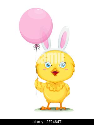Cute little chick wearing rabbit ears mask and holding balloon. Happy Easter. Funny baby chicken. Stock vector illustration on white background Stock Vector