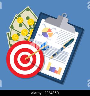 clipboard with financial reports and pen. Stock Vector