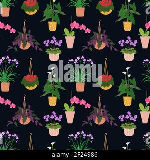 Seamless pattern from different potted house plants in colorful flower pots, orchid and begonia. Stock Vector
