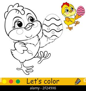 Cute chicken with easter egg. Cartoon character chicken. Coloring book page with colorful template. Vector isolated contour illustration. For coloring Stock Vector