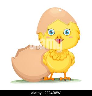 Cute little chick hatched from an egg. Happy Easter. Funny baby chicken in shell. Stock vector illustration Stock Vector
