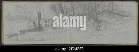 Landscape with figures and trees at a waterfront.Rowing Boats Are Mored on the Waterfront. Leaf 16 Verso and 17 Recto from a sketchbook with 35 sheets. Stock Photo