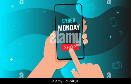 Cyber monday sale banner. Hands holding smartphone with shop button on Fluid liquid shapes technology background. Vector illustration EPS 10 Stock Vector