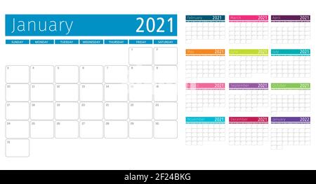 monthly organization calendar template grid for 2021 multicolored Stock Vector