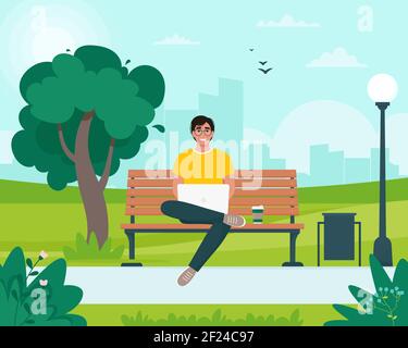 Freelancer man sitting on a bench with a laptop in the park. Spring or summer city landscape. Vector illustration in flat style Stock Vector