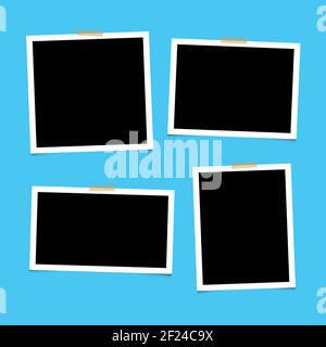 Set of empty photo frames with adhesive tape on blue background. Blank for photos. Vector. EPS 10 Stock Vector