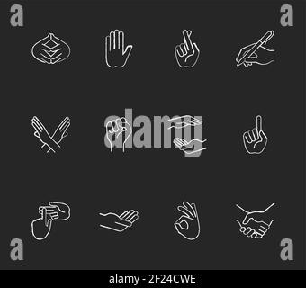 Hand gestures chalk white icons set on black background Stock Vector