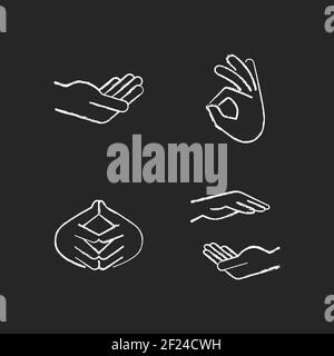 Hand gestures chalk white icons set on black background Stock Vector