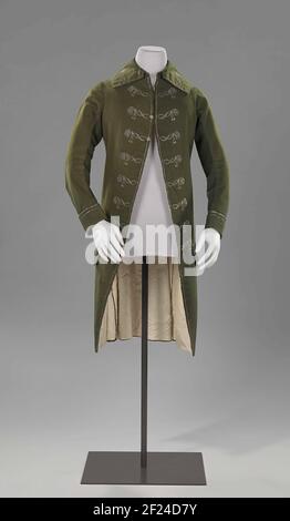 Frock Coat.Alongside colourful full dress costumes plain wool fabrics in sober colours were also highly fashionable in the late 18th century. A piece of the pointed collar of this jacket was cut