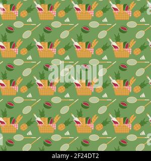 Seamless pattern with picnic basket and badminton set drawn in flat style Stock Vector