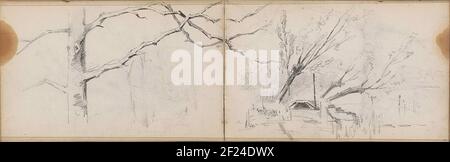 Overhellende bomen langs een waterkant.Also a study of a tree trunk and branches. Leaf 22 Verso and 23 recto from a sketchbook with 41 sheets. Stock Photo