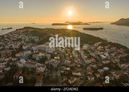 Aerial drone shot of sunset over Adriatic islands view from Dubrovnik Babin Kuk hill in Croatia summer Stock Photo