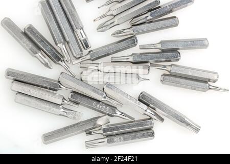 close up of metallic bits for screwdriver on white Stock Photo