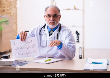 Old male doctor cardiologist looking electrocardiogram Stock Photo