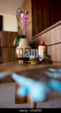 Traditional pottery on a oriental styled table Stock Photo