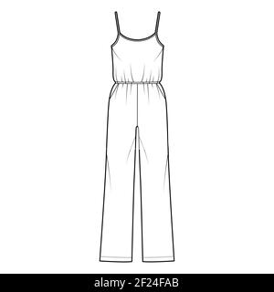 Camisole jumpsuit Dungaree overall technical fashion illustration with full length, normal elastic waist, oversized, pockets. Flat front, white, color style. Women, men unisex CAD mockup Stock Vector