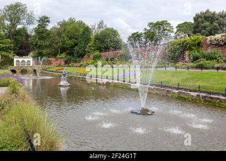 Summer view of the fountains and flower display in the Canal Garden in Roundhay Park, Leeds, West Yorkshire Stock Photo