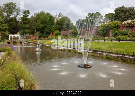 Summer view of the fountains and flower display in the Canal Garden in Roundhay Park, Leeds, West Yorkshire Stock Photo