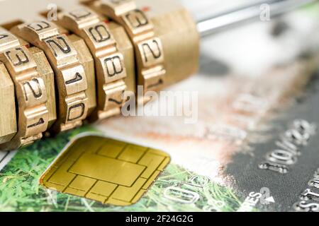 padlock with combination on credit card,  safety concept Stock Photo