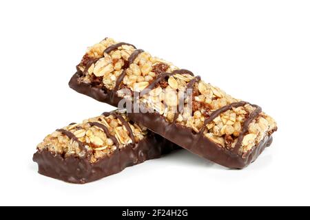two protein bars with chocolate isolated on white Stock Photo