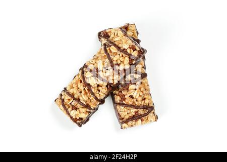 top view of two protein bars with chocolate on white Stock Photo