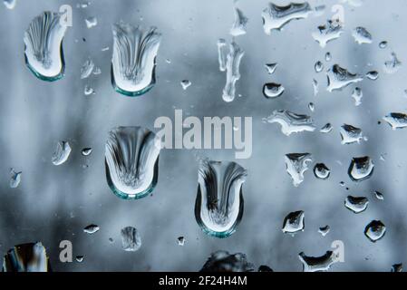 London, UK.  10 March 2021. UK Weather: Raindrops on a window in north west London during a rain shower on a wet day.  The forecast is for changeable conditions with windy and wet weather for the rest of the week.  Credit: Stephen Chung / Alamy Live News Stock Photo