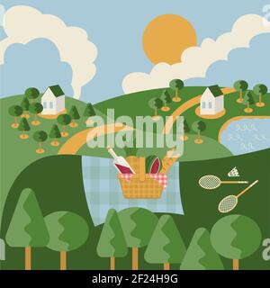 Cartoon vector landscape composition with drawn picnic basket and badminton set in flat style Stock Vector