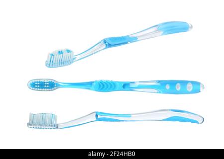 transparent toothbrush isolated on white, different angles Stock Photo