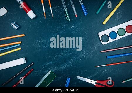 Back to school background with stationery and copy space. Stock Photo