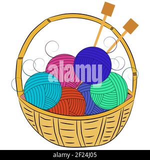 Balls of wool and knitting needles lie in a basket. EPS 10 vector  on a white background Stock Vector