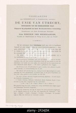 Declaration with the memorial qualification of 300-year commemoration of the Union of Utrecht 1579-1879; Statement of memorial plaque in Steengravure, entitled: The Union of Utrecht, foundation of the Dutch state.declaration of the representation of the Memorial in the 300-year commemoration of the union of Utrecht 1579 on January 29, 1879. Pressed Double-Folded Sheet on All Four Sides.
