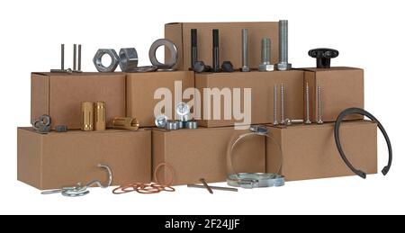 Different types of metal bolts, nuts, screws, hooks and washers. Fasteners and hardware tools on table, with boxes. Stock Photo