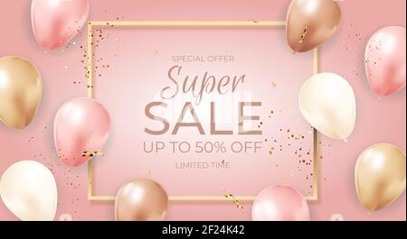 Super Sale Limited Time Background with Balloons, golden frame, ribbon and confetti. Vector Illustration Stock Vector
