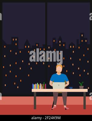 Young man working on laptop in living room at home. freelancer work remotely from home. Vector illustration design. Stock Vector