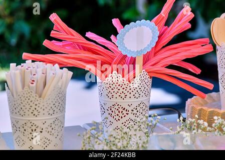 Colorful liquorice shaped sweets for kids at a celebration party. Stock Photo